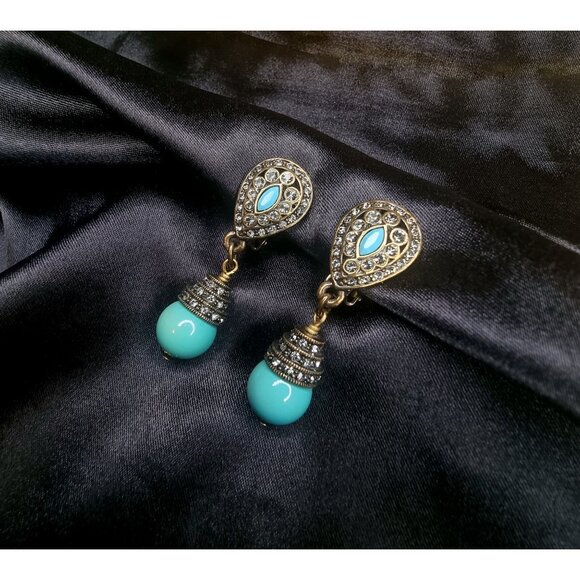 Heidi Daus Faux Turquoise Clear Crystals Bronze Tone Dangle Earrings - Picture 3 of 4